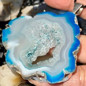 Large Slice Blue Drusy Quartz Pendant 3”